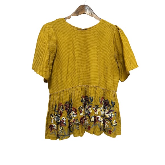 Bhanuni by Jyoti Embroidered Peplum‎ Blouse Short Sleeve Mustard Yellow S - Picture 2 of 11